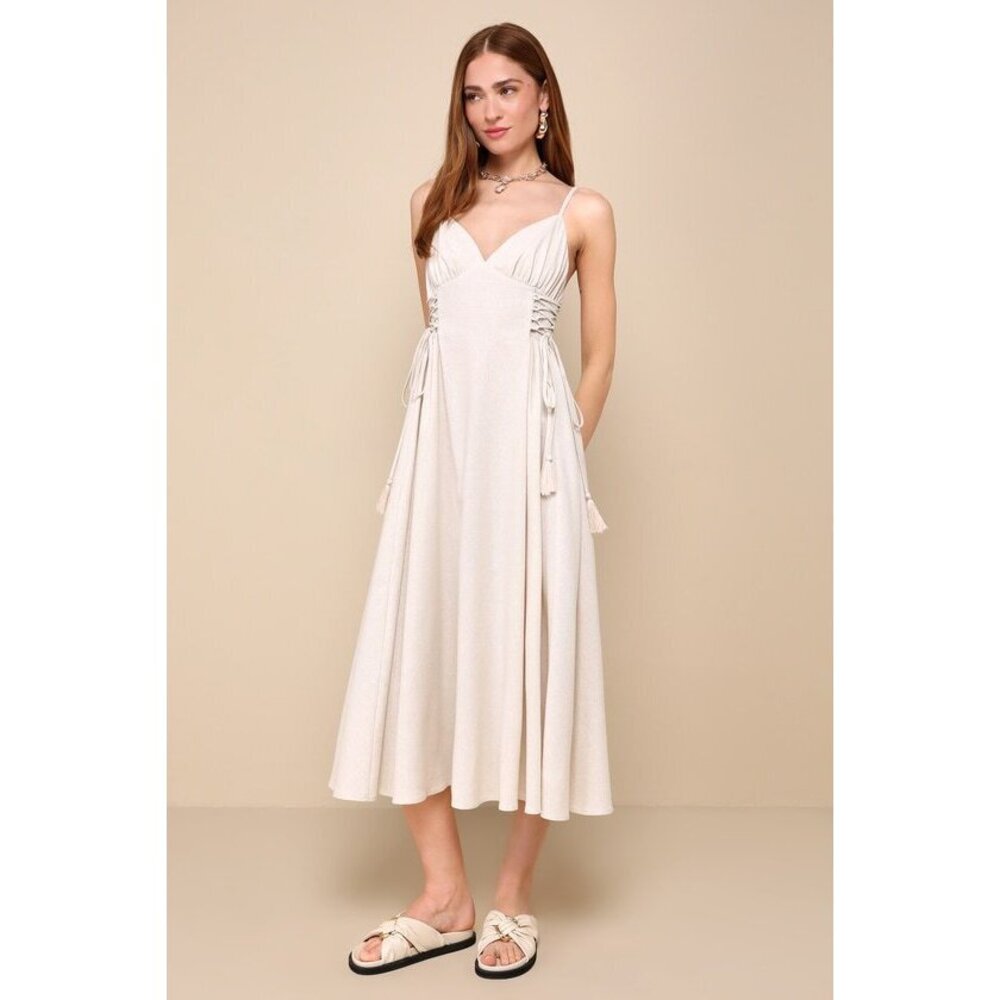 Lulus Endlessly Breezy Beige Linen Smocked Lace-up Midi Dress - Size S